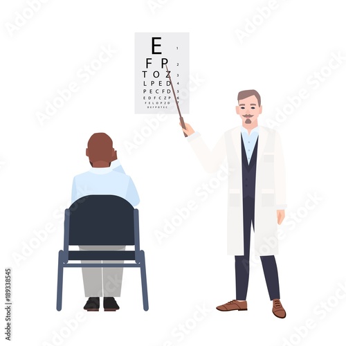 Ophthalmologist with pointer standing beside eye chart and checking eyesight of man sitting in front of it