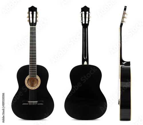 Black classical guitar front, back and side view isolated on white background.