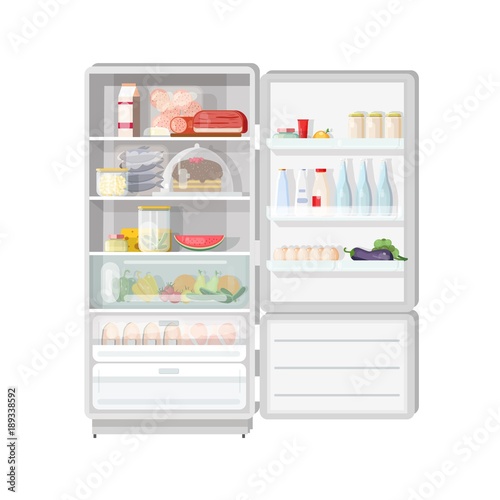 Modern opened refrigerator full of various food - fruits and vegetables, meat and dairy products, desserts, daily meals. Content of fridge with freezer. Colorful vector illustration in flat style.