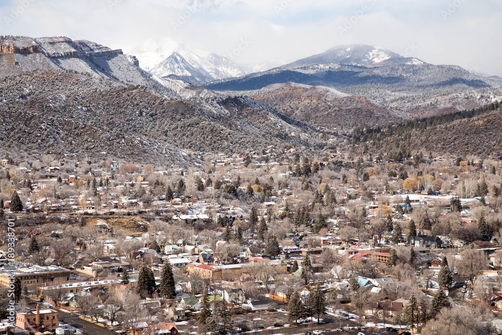 Wintertime Durango, Colorado with snow cloud obscured mountain peaks