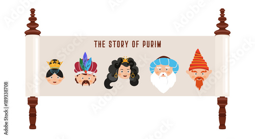 the story of Purim with traditional characters. Jewish acient scroll. banner template illustration