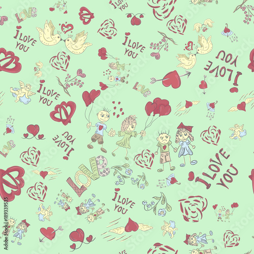 vector illustration of seamless pattern festive symbols design elements Valentines day green background