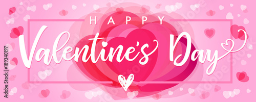 Lettering Happy Valentines Day pink hearts banner. Valentines Day greeting card template with typography text happy valentine`s on pink hearts in frame on background. Vector illustration

