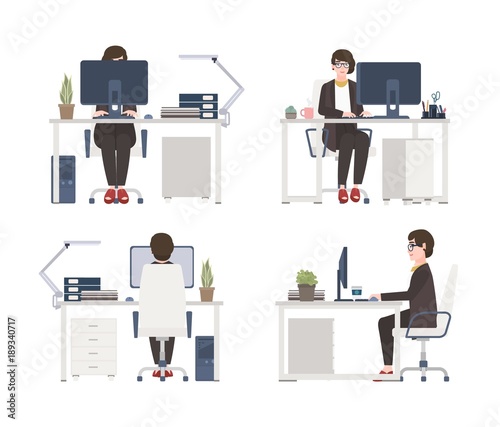 Woman working on computer. Female office worker, secretary or assistant sitti...