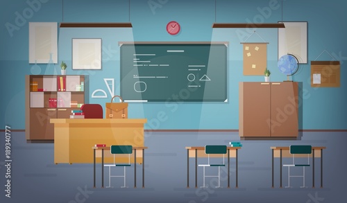 Empty school classroom with green chalkboard, pendant lights, various educational materials, desks, chairs and other furnishings for teacher and students. Colored vector illustration in flat style.