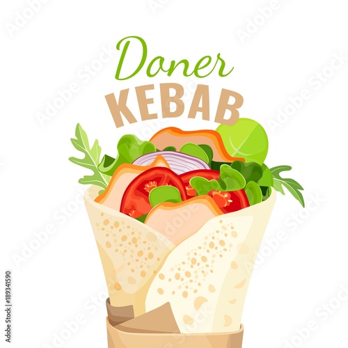 Delicious doner kebab full of vegetables and chicken