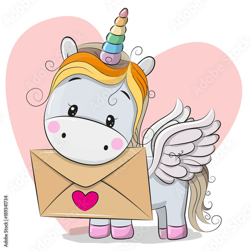 Valentine card with cute cartoon Unicorn