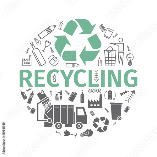 Recycling banner. Line and flat icons. Waste sorting set. Vector illustration.