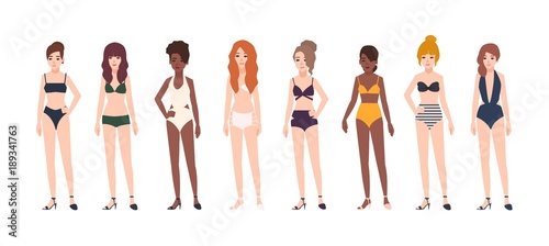 Collection of young women dressed in swimwear isolated on white background. Set of beautiful girls wearing swimsuits. Miss bikini competition. Female cartoon characters. Colorful vector illustration.
