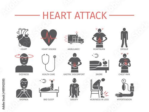 Heart Attack. Symptoms, Treatment. Flat icons set. Vector signs.