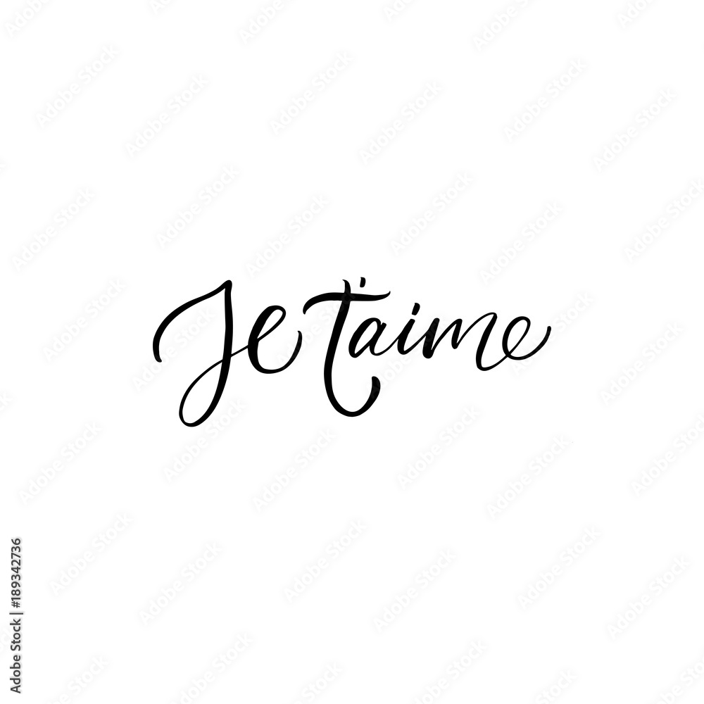 Je t'aime - I love you in french- modern brush calligraphy. Isolated on white background.