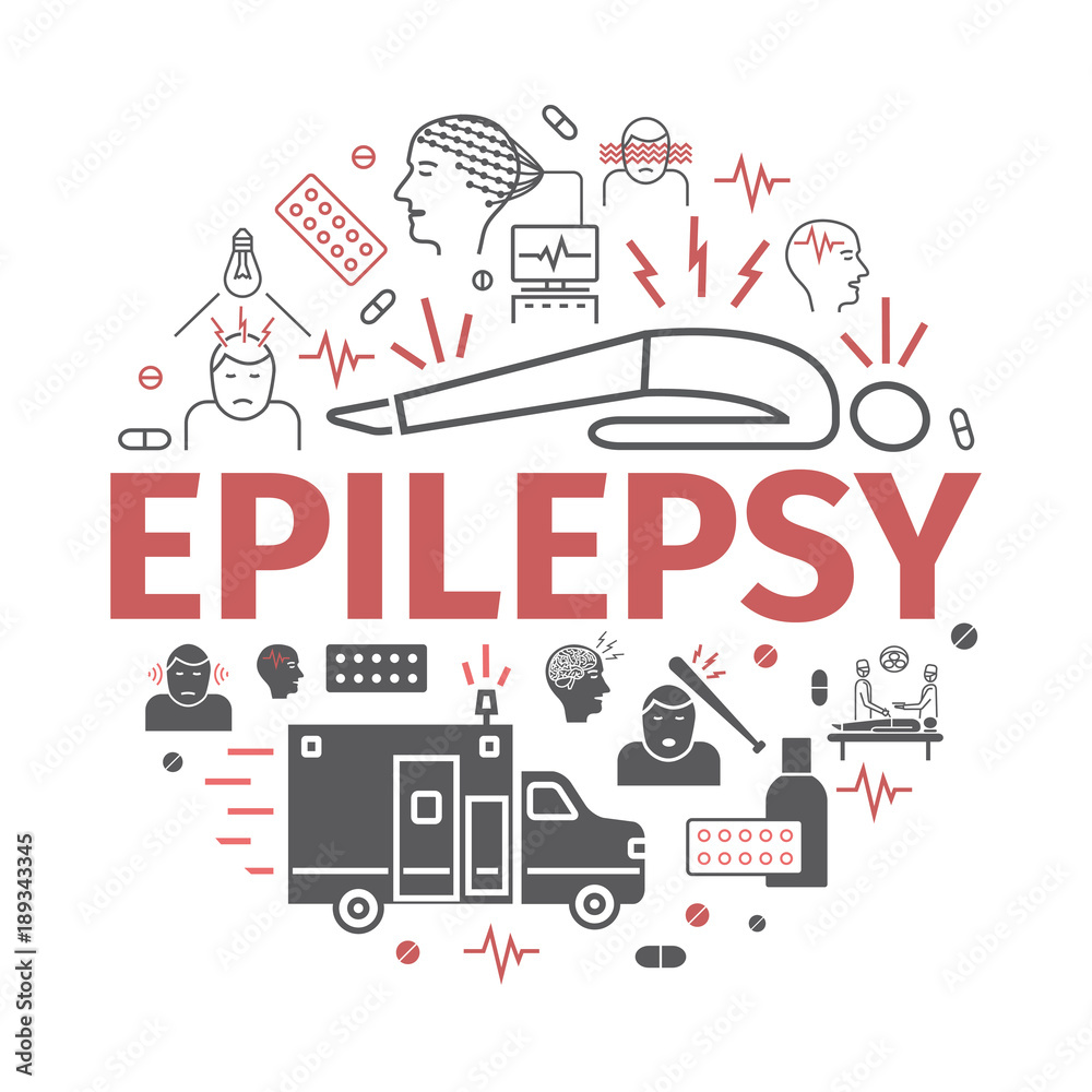 Epilepsy banner. Symptoms, Treatment. Line icons set. Vector signs for web graphics.