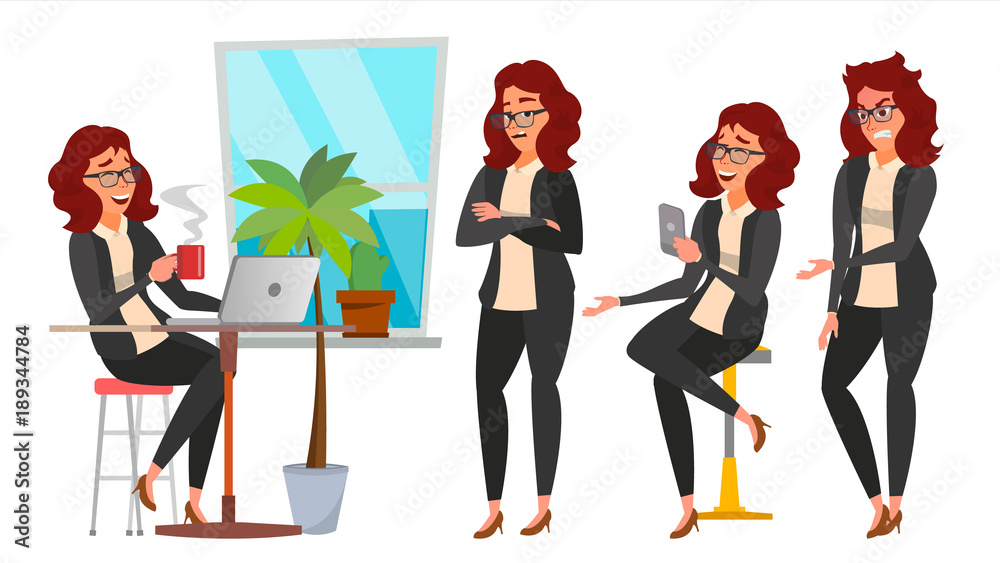 Business Woman Character Set Vector. Working People Poses Set. Girl Boss In  Action. Creative Studio. Teamwork. Modern Business Office. Female In  Situation. Programmer, Designer. Character Illustration Stock Vector |  Adobe Stock