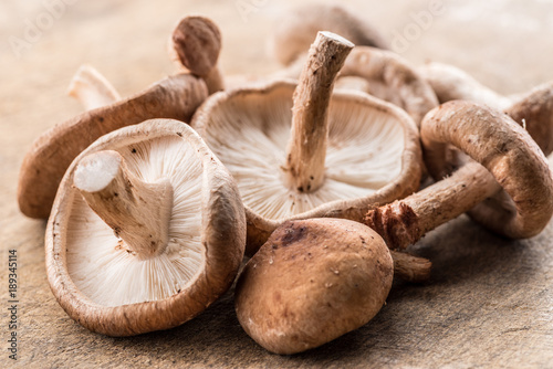 Shiitake mushrooms on the wooden background.