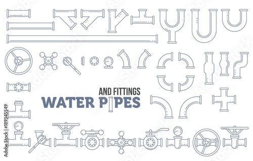 Elements of a plumbing. Pipes, cranes. Linear design Vector illustration