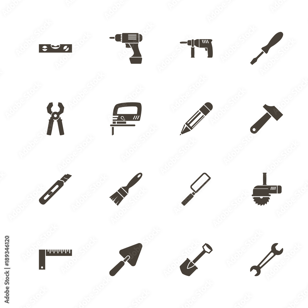 Tools icons. Perfect black pictogram on white background. Flat simple vector icon. - obrazy, fototapety, plakaty 