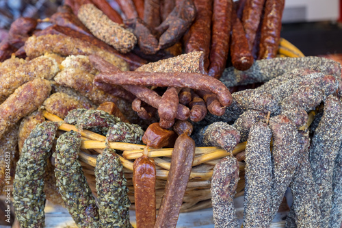 close up austria sausage in basket