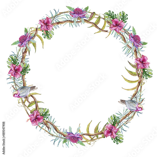 Wreath of tropical flowers with leaves. Isolated on white background. 