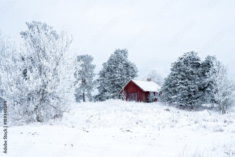 Naklejka premium Farm barn in a cold winter landscape with snow and frost
