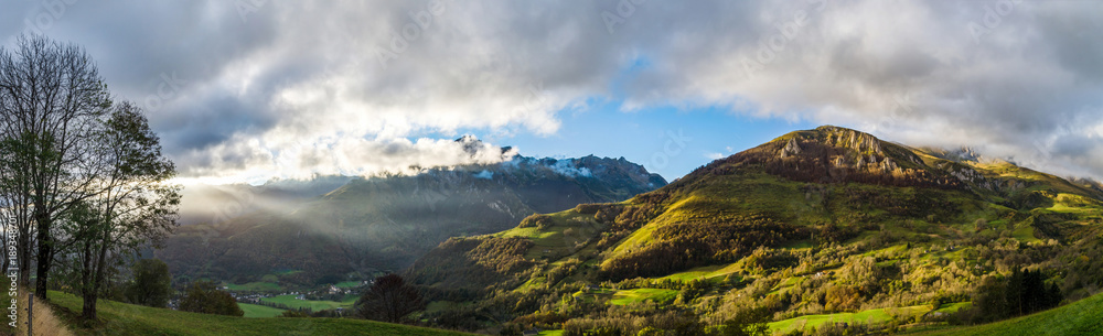 Wide panotamic view of Pyrenees on sunrise, calm place