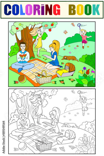 Picnic in nature coloring book for children cartoon vector. Color, Black and white