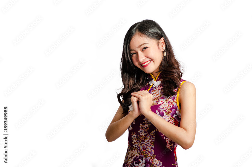 woman wear cheongsam in chinese new year.isolated on white background woman wear cheongsam in chinese new year.isolated on white background