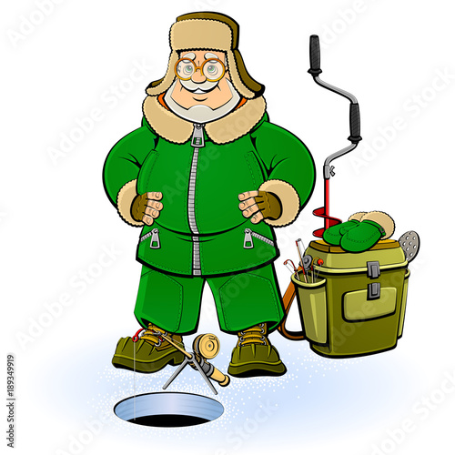 Old fisherman on a winter ice fishing. Fishing rod, tackle box, ice drill and mittens are made by separate isolated objects.
