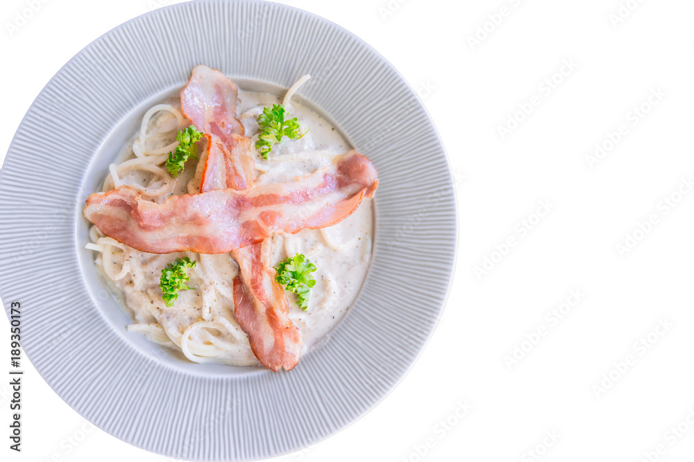 spaghetti cheese white cream bacon italian food isolated on white background