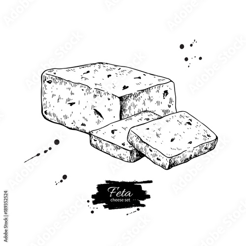 Greek feta cheese block, slice drawing. Vector hand drawn food s