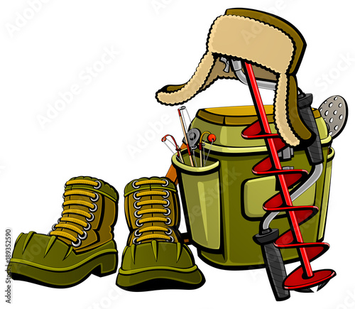 Equipment for winter ice fishing. Footwear for extreme winter recreation, a container with fishing rods, an ice drill, a fur hat with earflaps. All objects are separate and isolated. Set of images.