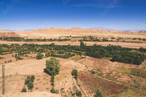 Desert landscape with Atlas Mountains near Kasbah Ait Ben Haddou, Morocco