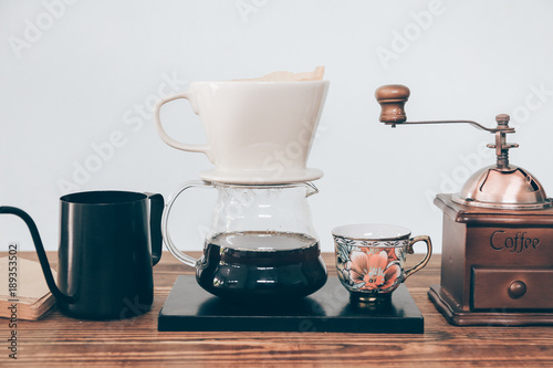 Collection coffee drip set on the wood table.