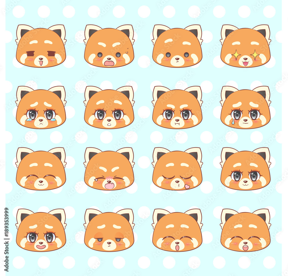 Emoticons, emoji, smiley set, colorful Sweet Kitty Little cute kawaii anime cartoon red panda girl different emotions mascot sticker Happy, sad, angry, smile, kiss, love Children character vector. Emoticons, emoji, smiley set, colorful Sweet Kitty Little cute kawaii anime cartoon red panda girl different emotions mascot sticker Happy, sad, angry, smile, kiss, love Children character vector.