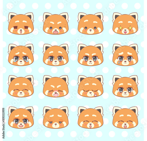 Emoticons  emoji  smiley set  colorful Sweet Kitty Little cute kawaii anime cartoon red panda girl different emotions mascot sticker Happy  sad  angry  smile  kiss  love Children character vector. 