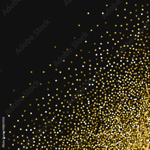 Gold glitter. Scattered bottom right corner with gold glitter on black background. Unique Vector illustration.