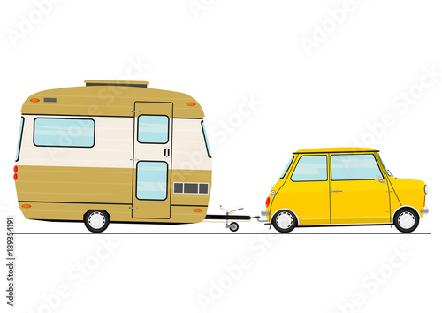 Cartoon car with a caravan. Side view. Flat vector.