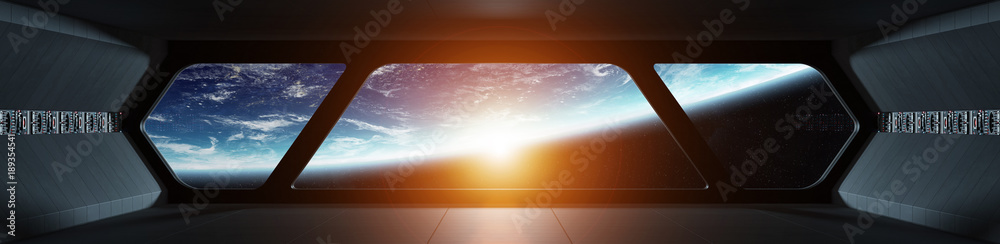 Fototapeta premium Spaceship futuristic interior with view on planet Earth