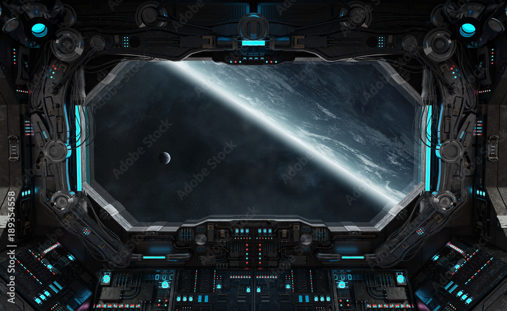 Naklejka premium Spaceship grunge interior with view on planet Earth