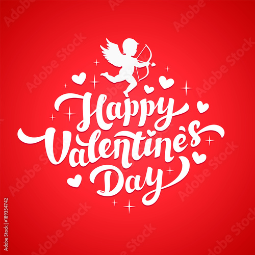 Valentines Day card with Cupid silhouette and hearts. Happy Valentines Day Le...