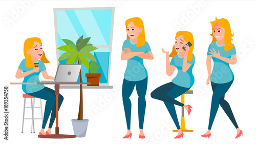 Business Woman Character Set Vector. Working People Set. Girl Boss In Action. Office, Creative Studio. Female Business Situation. Girl Programmer, Designer, Manager. Poses. Character Illustration