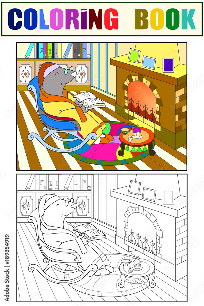 Grandpa Mole in his own house in the library dozens of coloring book for children cartoon vector illustration. Color, Black and white