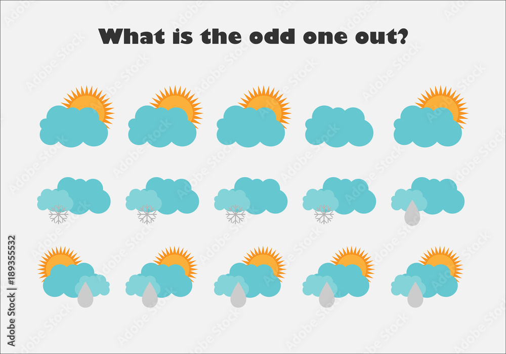 What is the odd one out with pictures of weather for children, fun education game for kids, preschool worksheet activity, task for the development of logical thinking, vector illustration What is the odd one out with pictures of weather for children, fun education game for kids, preschool worksheet activity, task for the development of logical thinking, vector illustration