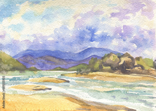Landscape. Watercolor painting. Island in the ocean