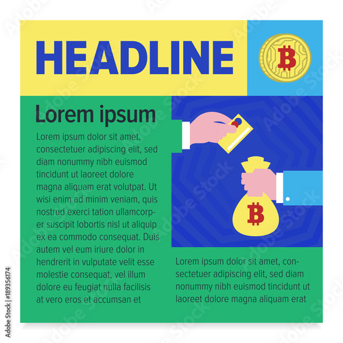 Colorful illustrated template on the topic of cryptocurrencies and blockchain technology. The hand with the card is exchanged for a sack of bitcoin. The design for your site or blog