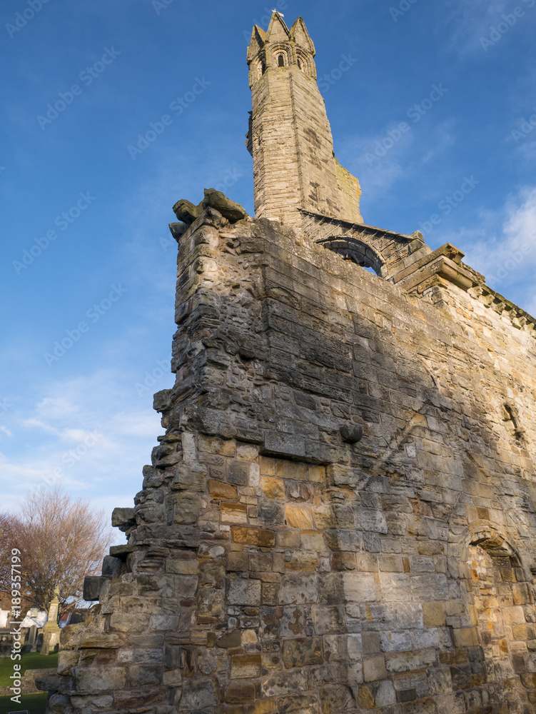 A ruined tower on a sunny day at St Andrews Cathedral, Scotland