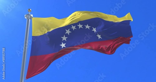 Venezuela flag waving at wind in slow with blue sky, loop photo