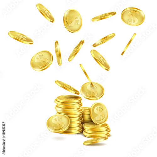 Vector realistic falling gold coins isolated on white background. Golden money rain and stack of metal dollars with S symbol. Concept illustration of business success or cash jackpot for casino poster