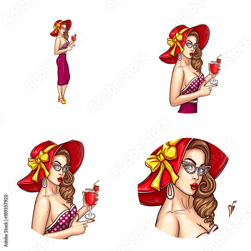 Vector pop art avatar of pin up sexy girl in a red hat with eyeglasses and cocktail. Great icon for invitation to parties or advertising discounts and sales.