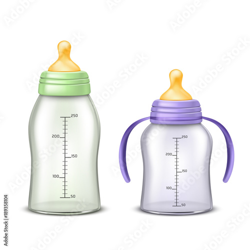 Vector realistic baby bottles with latex nipples for feeding newborns, isolated on white background. Set of two empty plastic containers with measurements for infant milk formula or boiled water