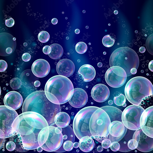 Vector 3d soap transparent bubbles background. Banner with water spheres, underwater concept. Realistic balls, soapy balloons, soapsuds, shampoo. Glossy foam aqua, bright abstract illustration.